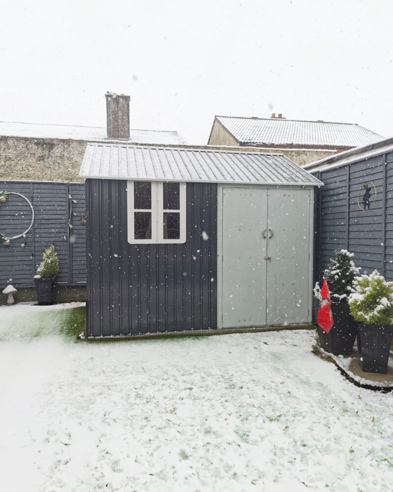 the cottage shed in a snowy garden in Kildare