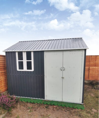 A front view of the steel cottage shed