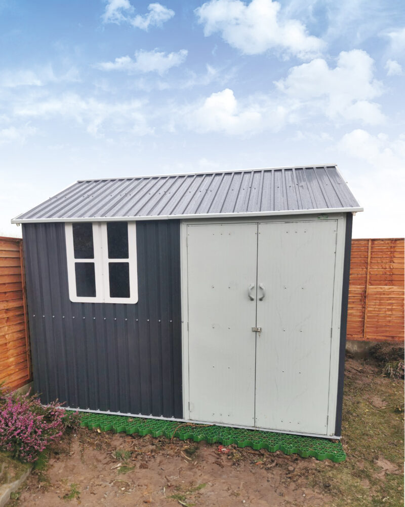 A front view of the steel cottage shed