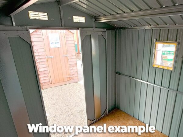 Inside the 8ft x 6ft steel garden shed with a window panel along the side wall