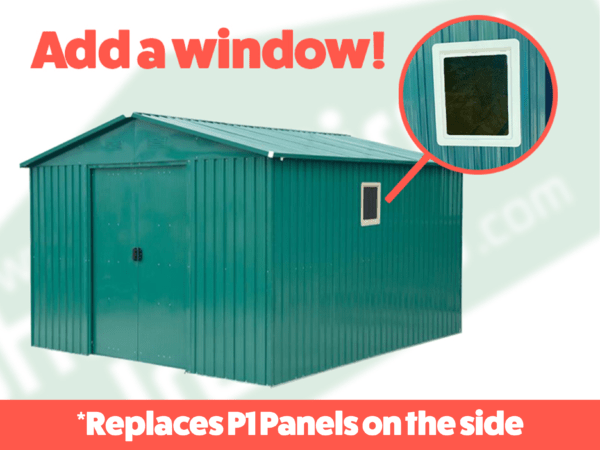 a picture of the colossus shed with a window on the side. white text in a red box along the bottom reads 'replaces P1 Panels on the side'