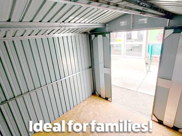 Inside the goldilocks shed, looking outwards. It reads 'ideal for families' on the image