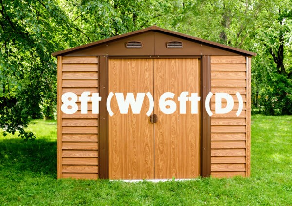8ft x 6ft Woodgrain metal shed sitting in a lovely garden