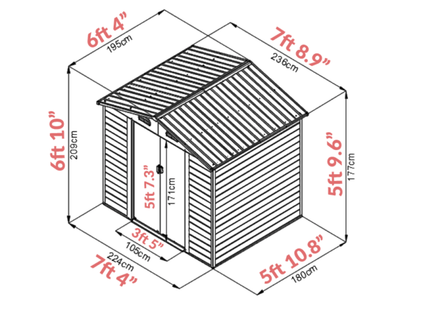 The Dimensions of the woodgrain 8ft x 6ft metal shed
