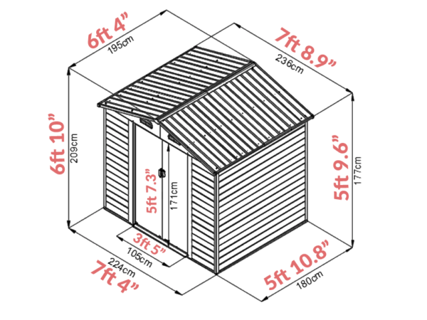 The Dimensions of the woodgrain 8ft x 6ft metal shed