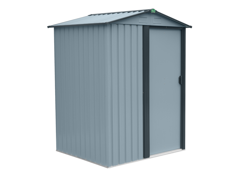 Tiny shed with door closed, white background