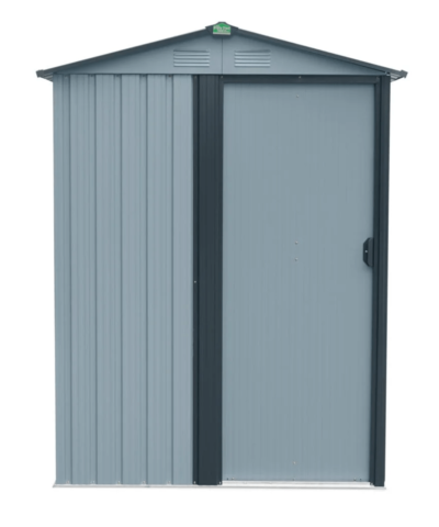 Tiny shed as seen face-on, with door closed, white background