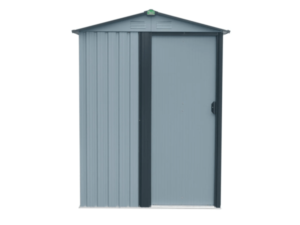 Tiny shed as seen face-on, with door closed, white background