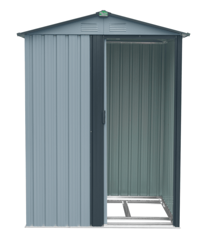 Tiny shed as seen face-on, with door open, white background