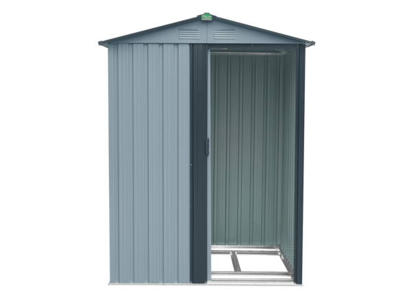 Tiny shed as seen face-on, with door open, white background