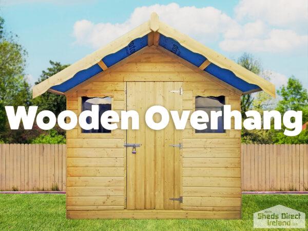 A front view of the Wooden Overhang Shed from Sheds Direct Ireland. This golden-wooden shed has a large, 2 foot protruding roof )i.e. the overhang) which casts a shadow over the top of the shed. There are two windows and a single door on the front of the shed.