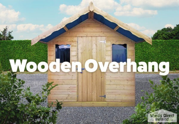 A front view of the Wooden Overhang Shed from Sheds Direct Ireland. This golden-wooden shed has a large, 2 foot protruding roof )i.e. the overhang) which casts a shadow over the top of the shed. There are two windows and a single door on the front of the shed.