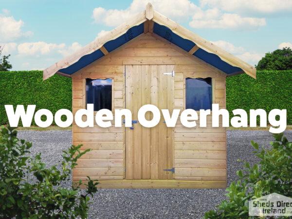 A front view of the Wooden Overhang Shed from Sheds Direct Ireland. This golden-wooden shed has a large, 2 foot protruding roof )i.e. the overhang) which casts a shadow over the top of the shed. There are two windows and a single door on the front of the shed.
