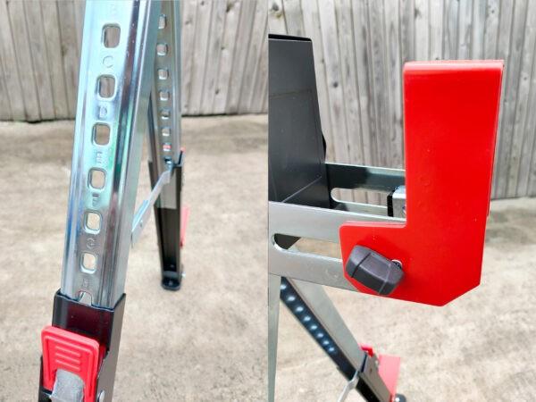 Two photos side by side. The first shows the adjustable leg height ports, the second shows the red edge of the unit.
