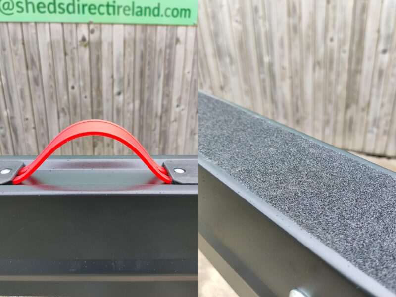 Two photos of the top of the saw horse. The first shows the red handle in the middle. The second shows the glass filled nylon polymer grip on either side of the handle