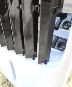 a close up view of the moving blades on the air cooler. They're pliable and made with a soft-looking plastic, so they're less likely to break