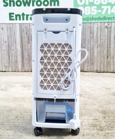 The back of the air cooler. There is a diamond-mesh filter on the back, a large white plug in the middle and a handle port at the top. There is a reservoir at the bottom which is made with clear plastic