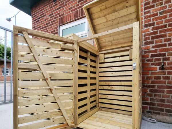 Wooden bin store top open door open