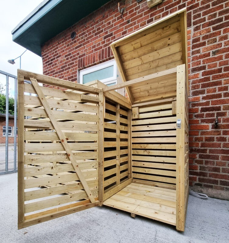 Wooden bin store top open door open