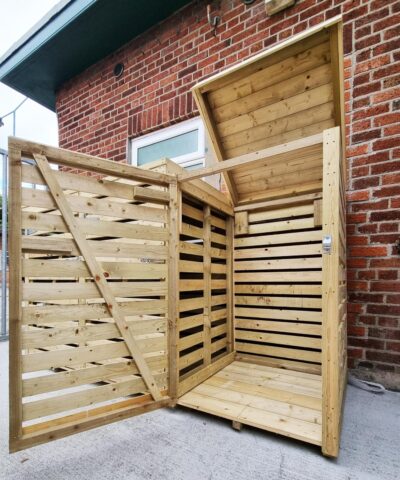 Wooden bin store top open door open