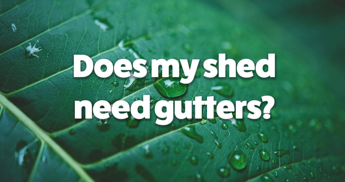 "Does my Shed need gutters?" written in white and superimposed on a picture of a leaf with rain droplets pooling on top