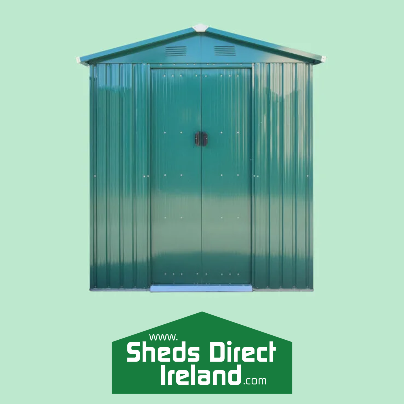 The sheds direct Ireland logo above a green, steel garden shed
