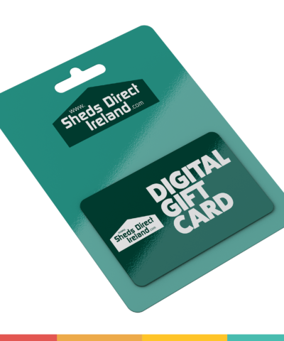 A gift card with the sheds direct ireland logo on it. The card itself is a dark teal colour and the backing card is a paler shade of the same colour.