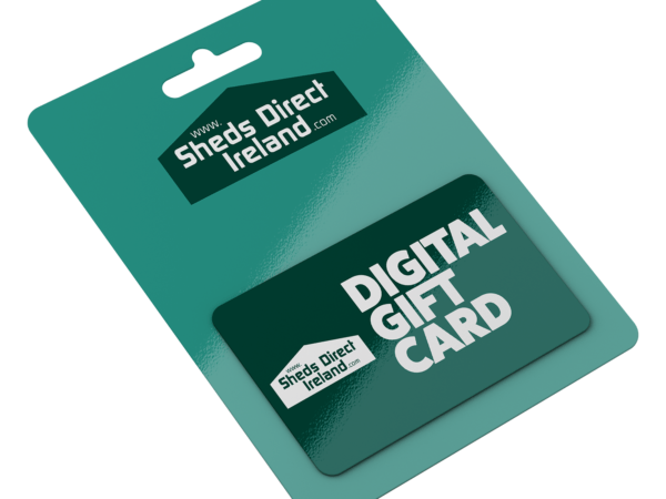 A gift card with the sheds direct ireland logo on it. The card itself is a dark teal colour and the backing card is a paler shade of the same colour.