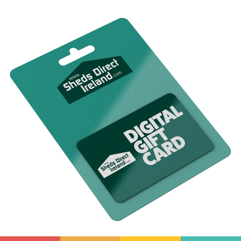 A gift card with the sheds direct ireland logo on it. The card itself is a dark teal colour and the backing card is a paler shade of the same colour.