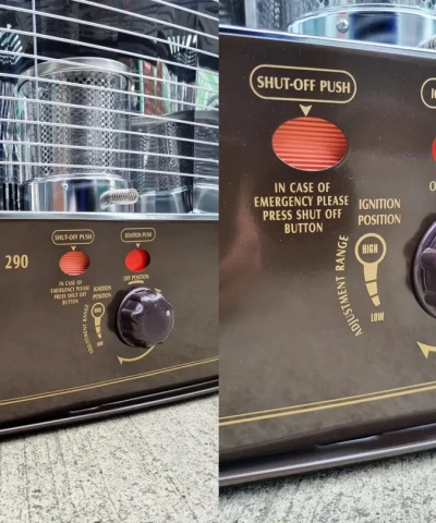 The dials and controls on the front of the paraffin heater