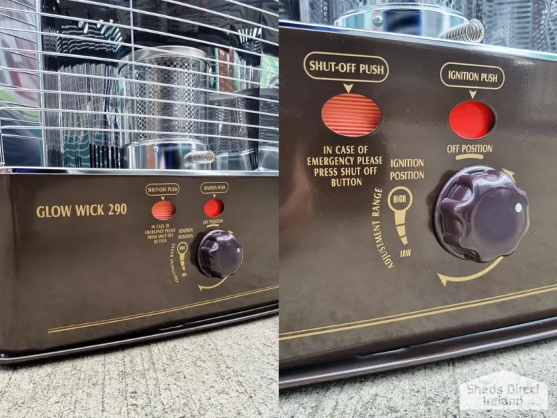 The dials and controls on the front of the paraffin heater