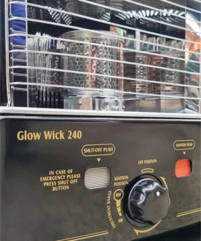 Details of the controls on the glow wick 240 paraffin heater