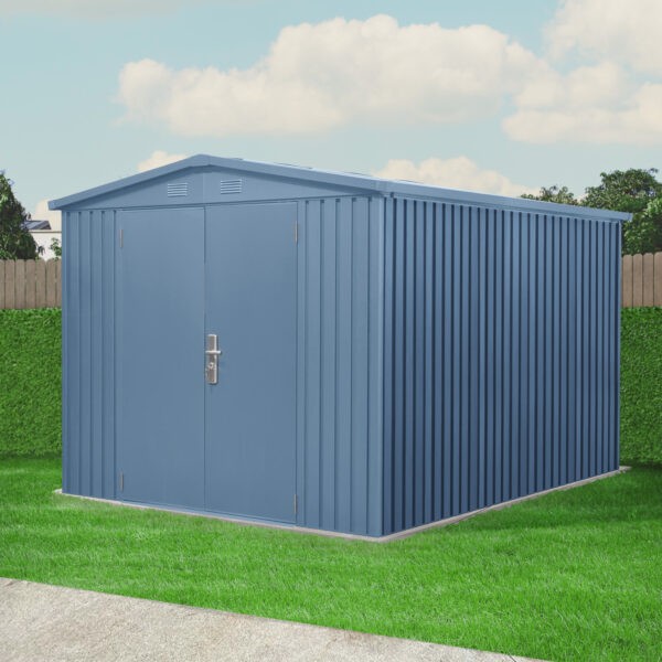 The Big Blu shed sitting in a garden