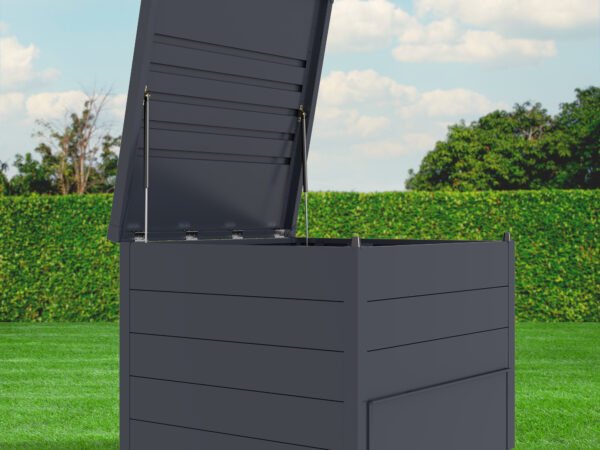 Metal Composter Bin sitting in a garden with the lid open