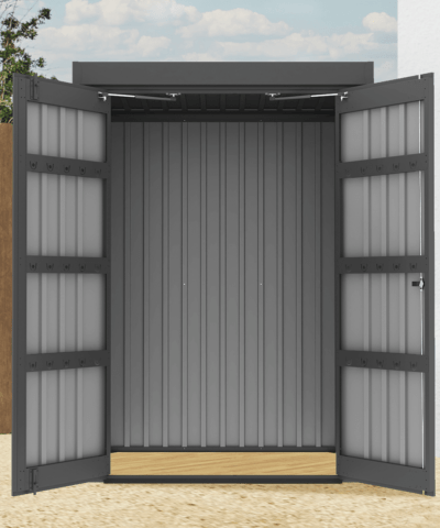 The Mabelle Storage Locker with the doors open in a garden