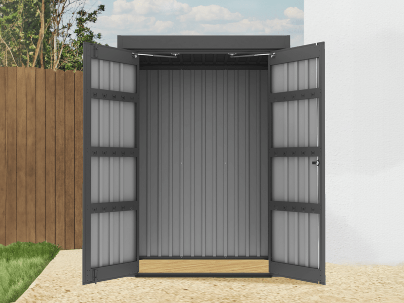 The Mabelle Storage Locker with the doors open in a garden