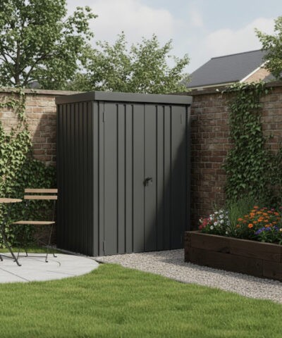 The Mabelle in the corner of a garden against a wall with grass in front of it