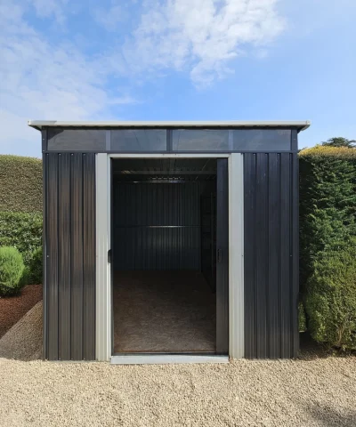 Steel Pent shed in a garden