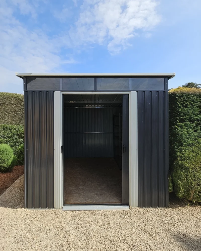 Steel Pent shed in a garden