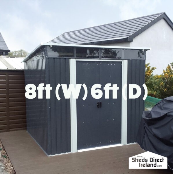8ft x 6ft Steel pent shed on a deck.