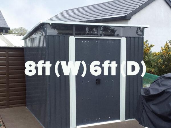 8ft x 6ft Steel pent shed on a deck.