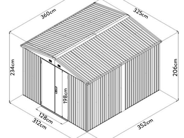 Drawing of the big blu shed and its dimensions
