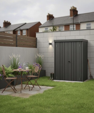 The Mabelle Shed in a garden with a patio