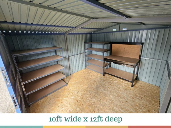 The inside of the big blu shed. Text on the image reads '10ft wide x 12ft deep'