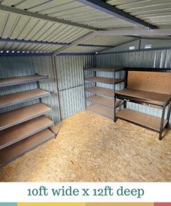 The inside of the big blu shed. Text on the image reads '10ft wide x 12ft deep'