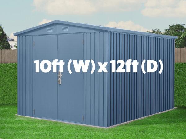 The Big Blu Shed with the dimensions on the written over the shed
