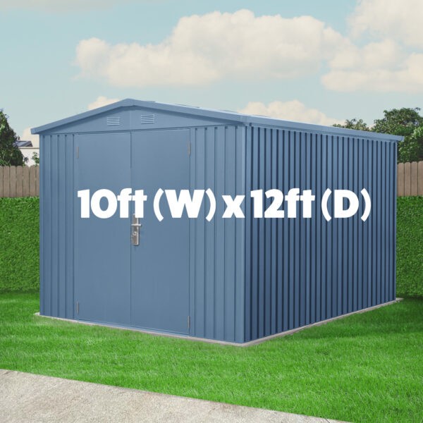 The Big Blu Shed with the dimensions on the written over the shed