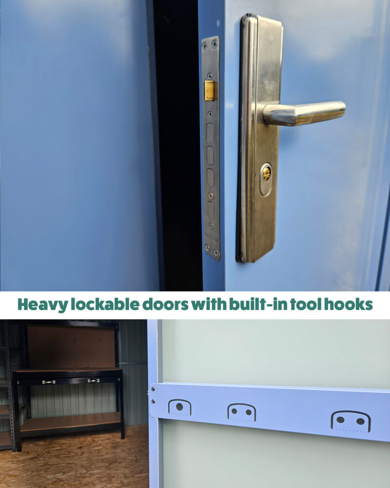 Heavy lockable doors wth built in tool hooks