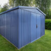 The big blu shed at a 45 degree angle in a garden