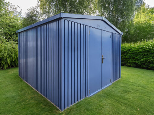 The big blu shed at a 45 degree angle in a garden
